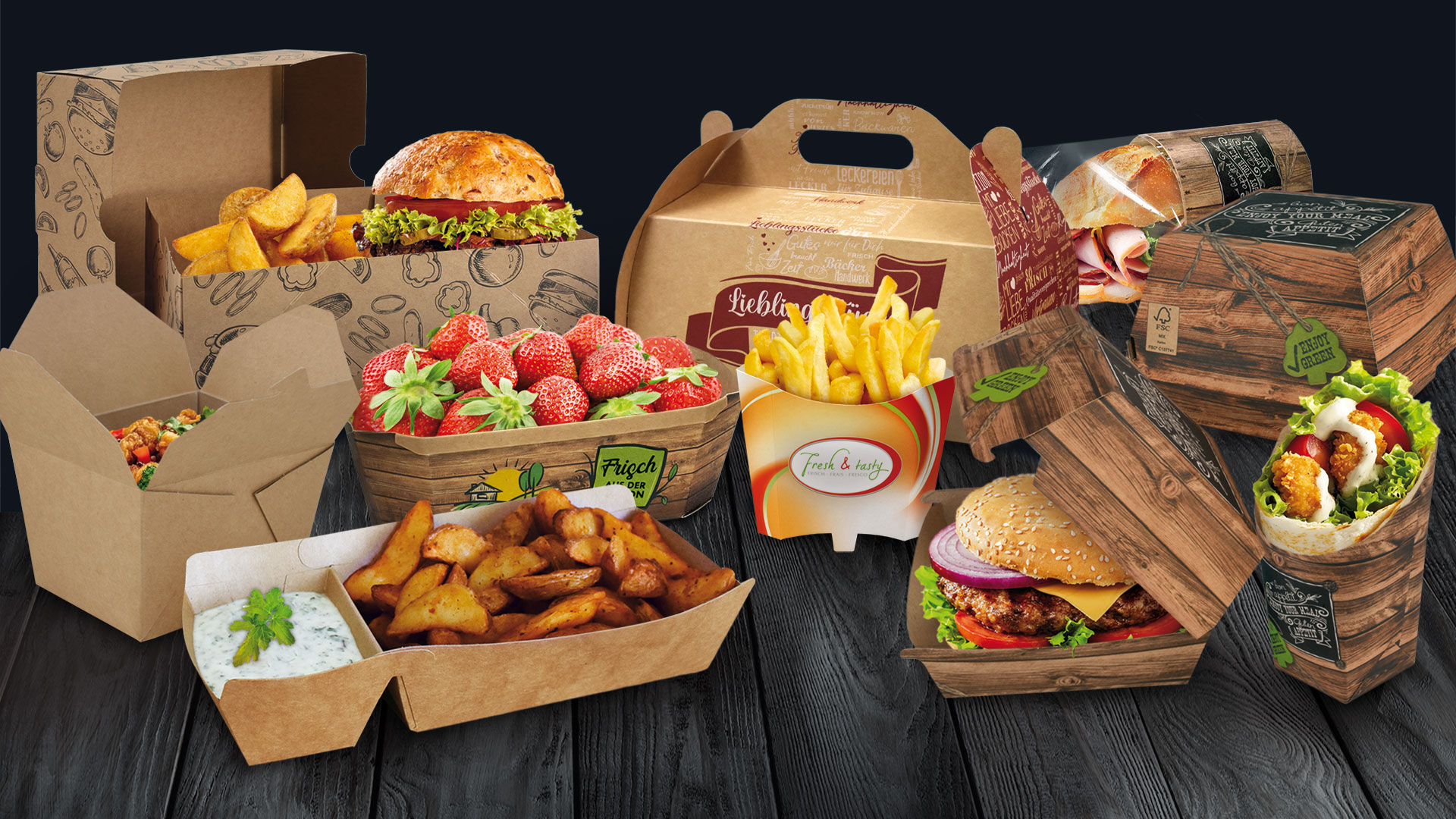 Übersicht verschiedener Verpackungen von WEROCA Kartonagen Bielefeld, darunter Burgerboxen, Pommestüten, Obstschalen und Sandwichverpackungen mit Snackfood, Lagerprogramm für Food & Gastronomie.