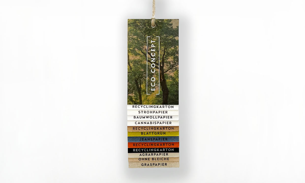 WEROCA Eco-Concept Hangtag mit mehreren Lagen: Recyclingkarton, Strohpapier, Baumwollpapier, Cannabispapier, Blattgrün, Jeanspapier, Agrarpapier, ungebleichtes PApier und Graspapier.