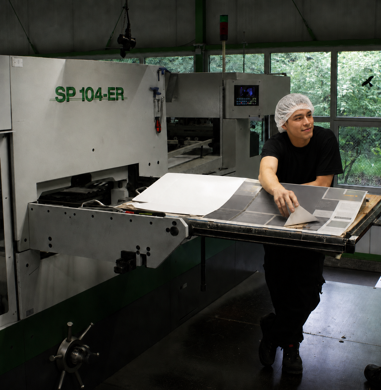 Mitarbeiter vor erster BOBST Stanzmaschine