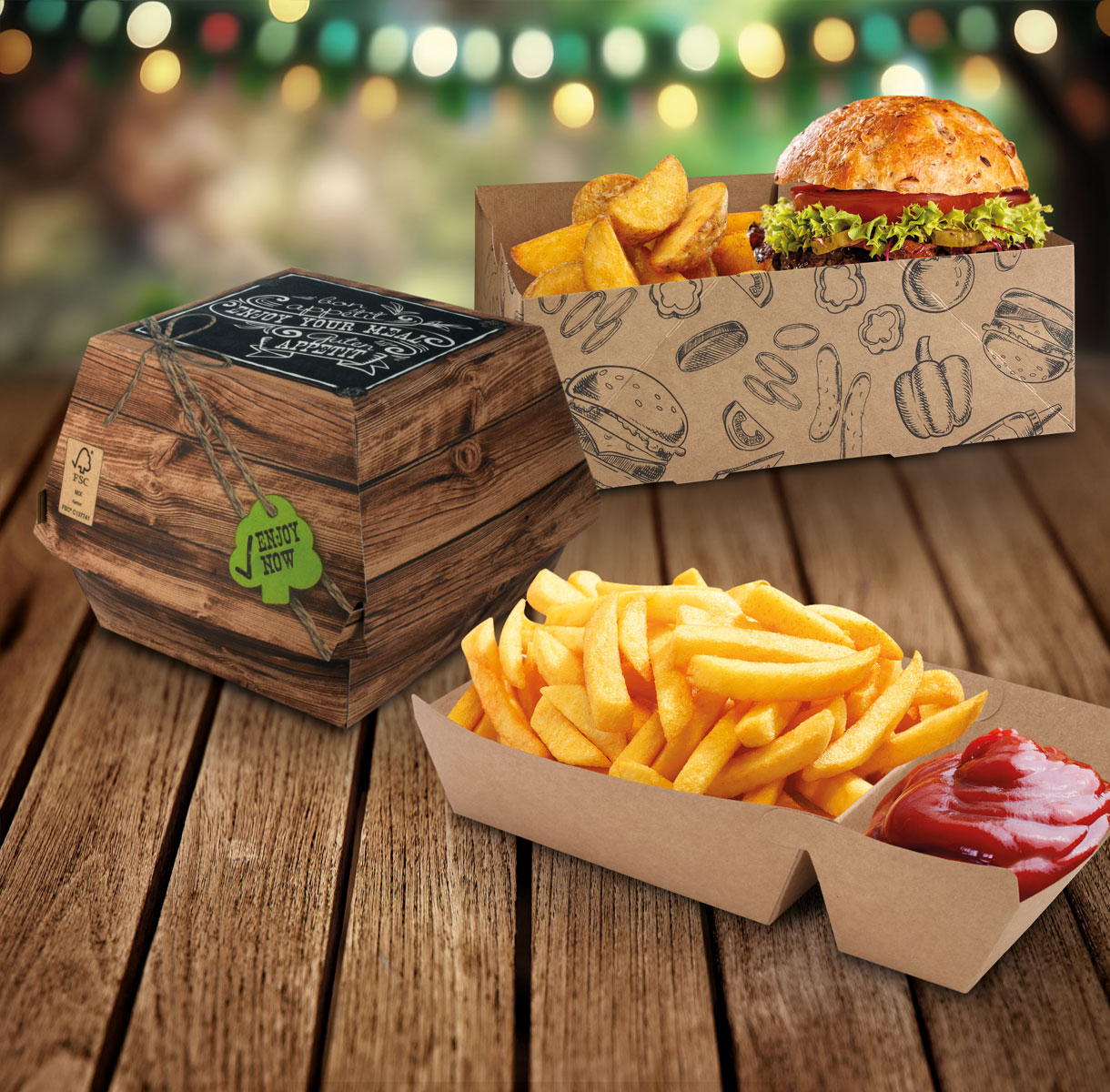Food-Verpackungsset aus Karton für Gastronomie – Burgerbox in Holzoptik, bedruckte Snackschale und Pommes-Schale mit Dip-Fach von WEROCA Kartonagen Bielefeld
