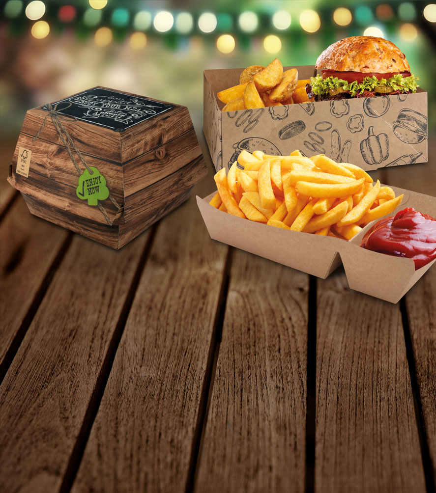 Food-Verpackungsset aus Karton für Gastronomie – Burgerbox in Holzoptik, bedruckte Snackschale und Pommes-Schale mit Dip-Fach von WEROCA Kartonagen Bielefeld