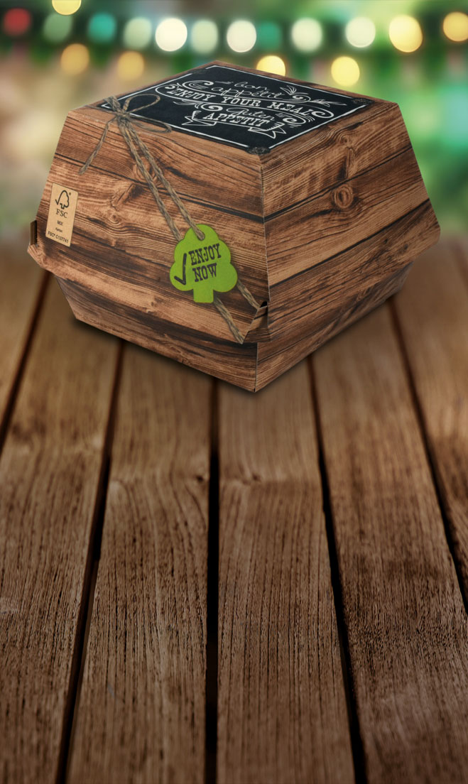 ALT-Attribut Individuell bedruckte Burgerbox aus FSC-zertifiziertem Karton mit Holzoptik und Hangtag für Gastronomie und Foodtrucks – WEROCA Kartonagen Bielefeld
