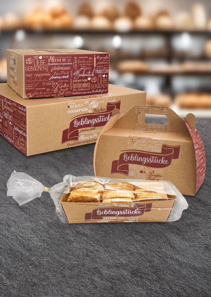Kraftpapier-Verpackungen "Lieblingsstücke" von WEROCA Kartonagen Bielefeld für Gebäck, mit Faltschachteln, Tragebox und Sichtfensterschale, Lagerprogramm für Food & Gastronomie.