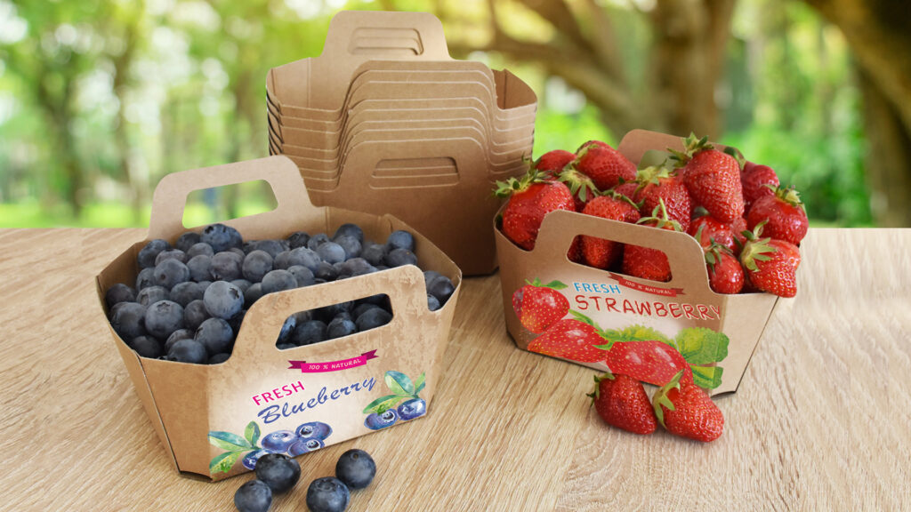 Individuell bedruckte Kraftpapier-Tragekörbe von WEROCA Kartonagen Bielefeld mit "Fresh Blueberry" und "Fresh Strawberry"-Design, gefüllt mit Heidelbeeren und Erdbeeren, Individuell für Food & Gastronomie.
