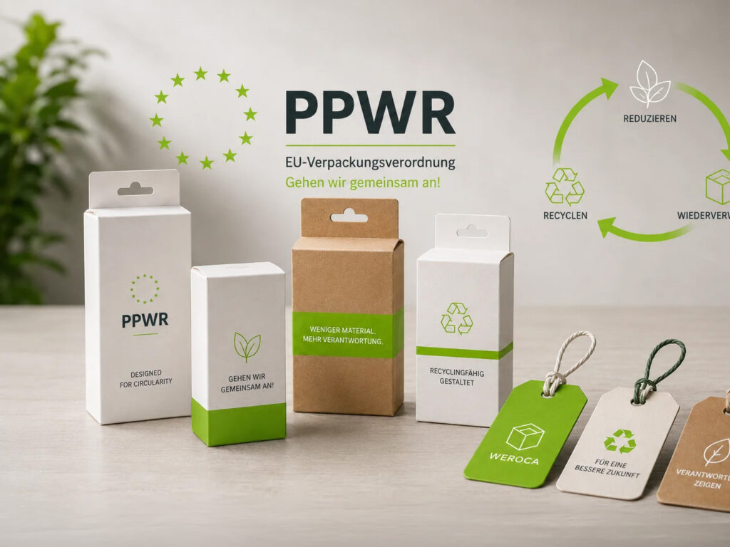 PPWR Bild, auf dem Verpackungen aus Karton und ein grüner Umweltkreislauf zu sehen sind.