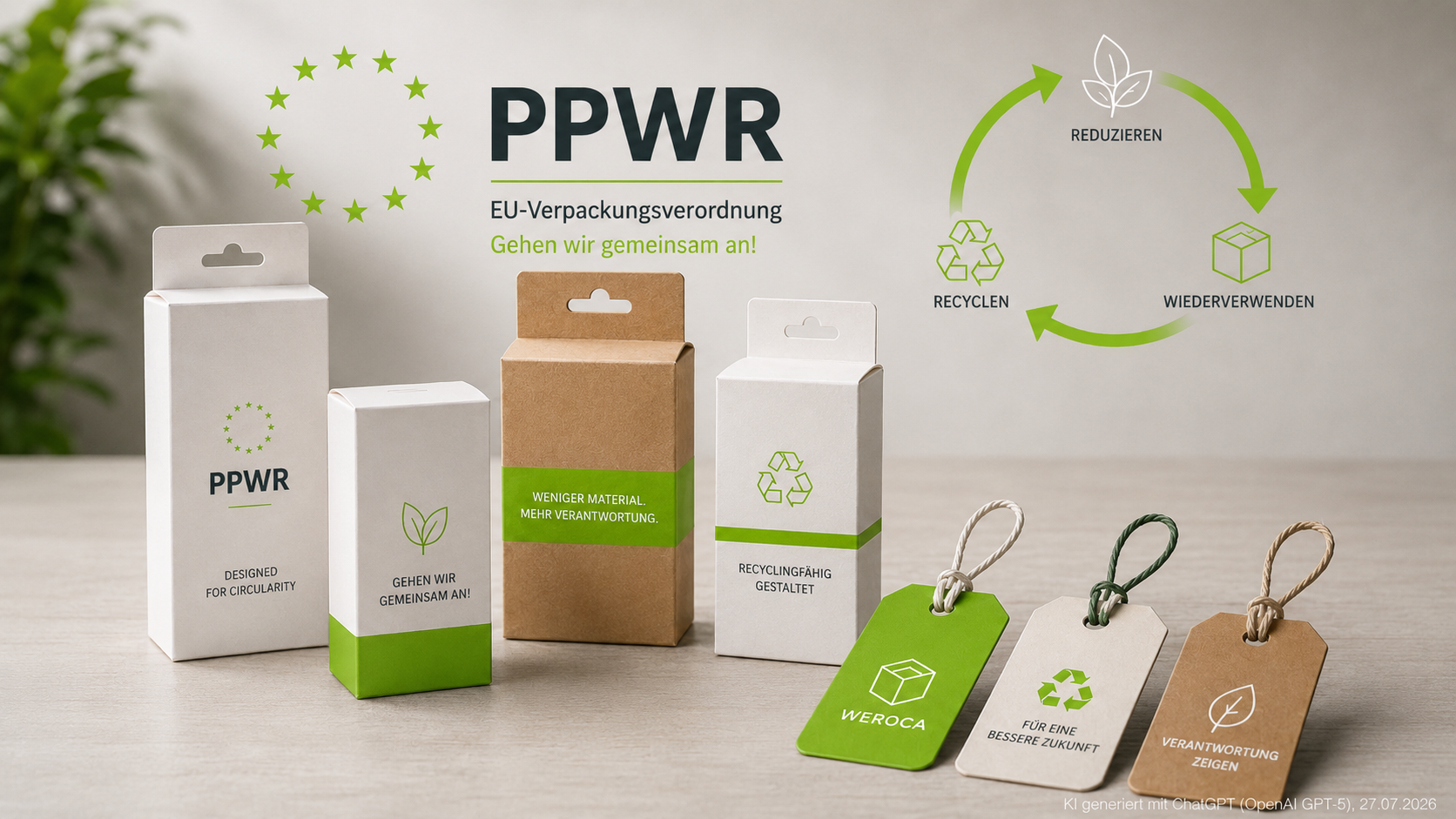 PPWR Bild, auf dem Verpackungen aus Karton und ein grüner Umweltkreislauf zu sehen sind.