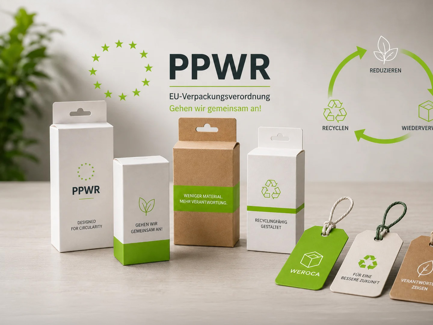 PPWR Bild, auf dem Verpackungen aus Karton und ein grüner Umweltkreislauf zu sehen sind.