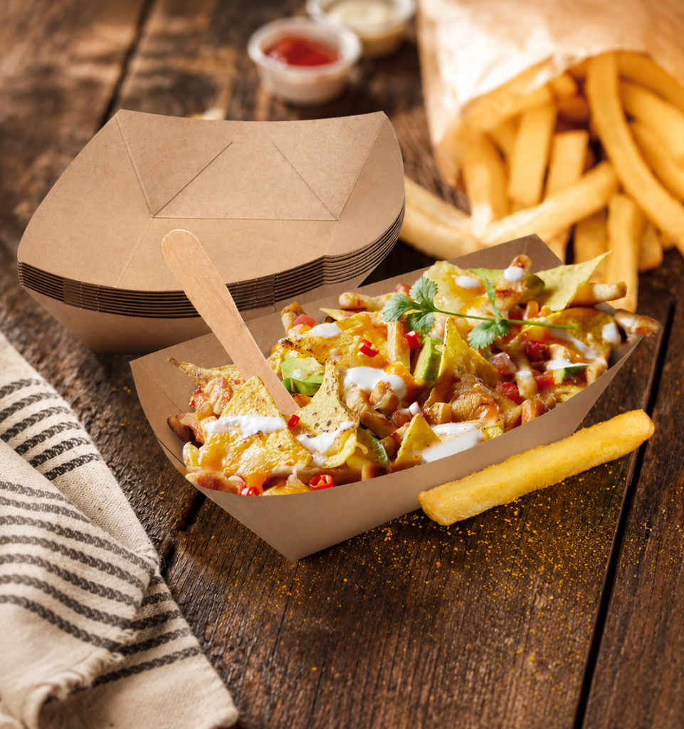 Kraftpapier-Snackschale von WEROCA Kartonagen Bielefeld gefüllt mit Loaded Fries und Nachos, mit Pommes und Dips im Hintergrund, Lagerprogramm für Food & Gastronomie.